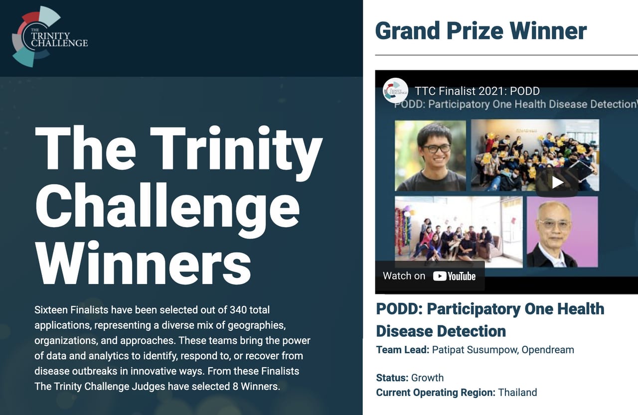 โครงการผ่อดีดี (PODD – Participatory Onehealth Disease Detection) ได้รับรางวัลชนะเลิศ (Grand Prize Winner) จาก The Trinity Challenge
